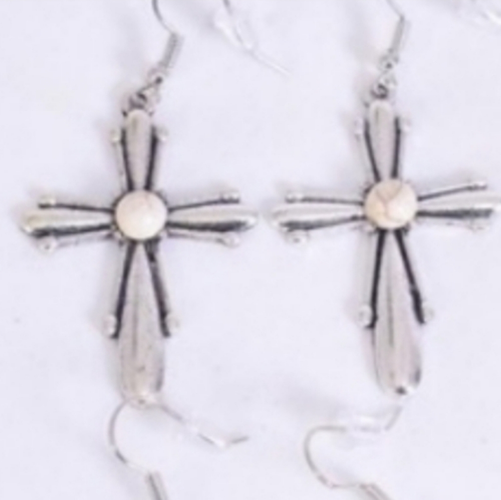 Cross Earrings, Silver IVORY Semiprecious Stone Cross Earrings H 1.5" X W 1 "NEW
